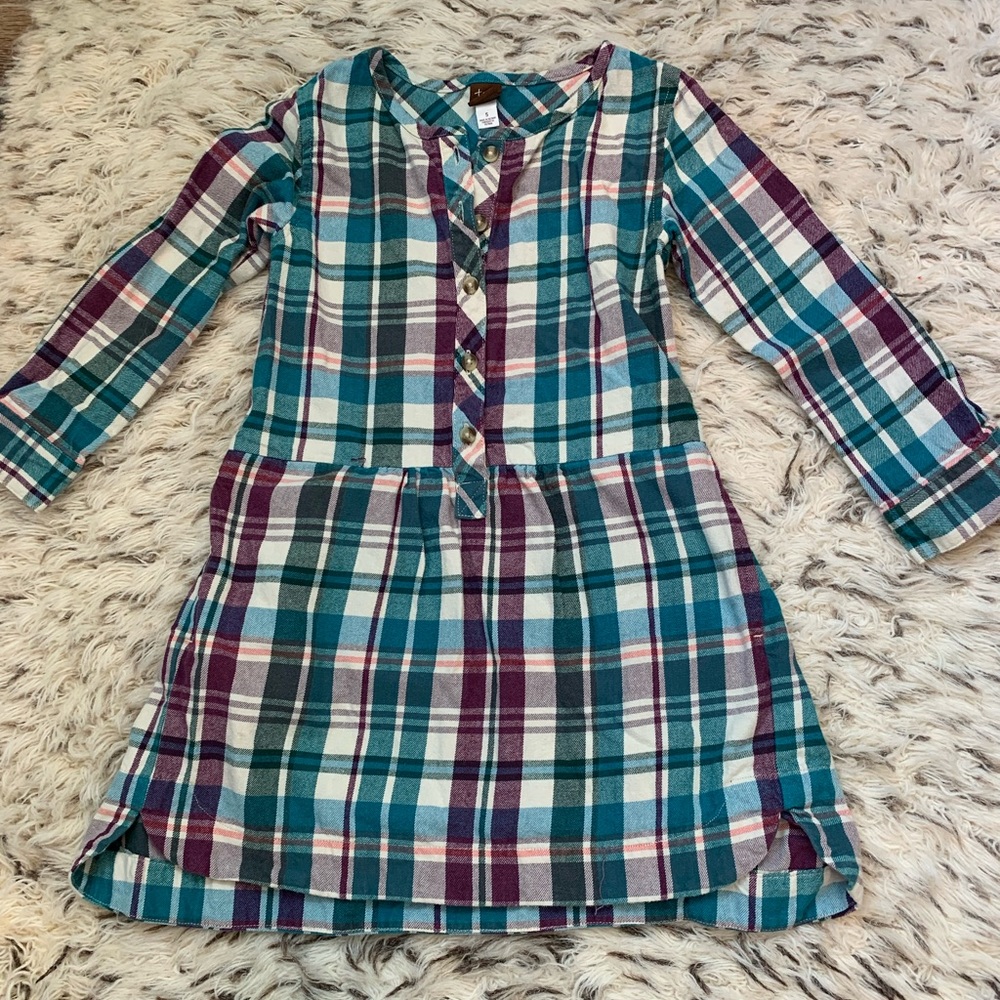 Tea Collection dress, flannel teal and purple size 5
